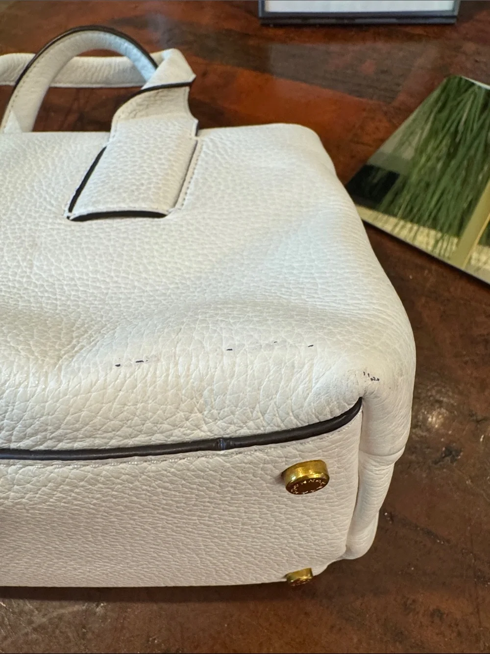 Donna Karan Amagansett White Pebbled Leather Satchel with Gold Hardware